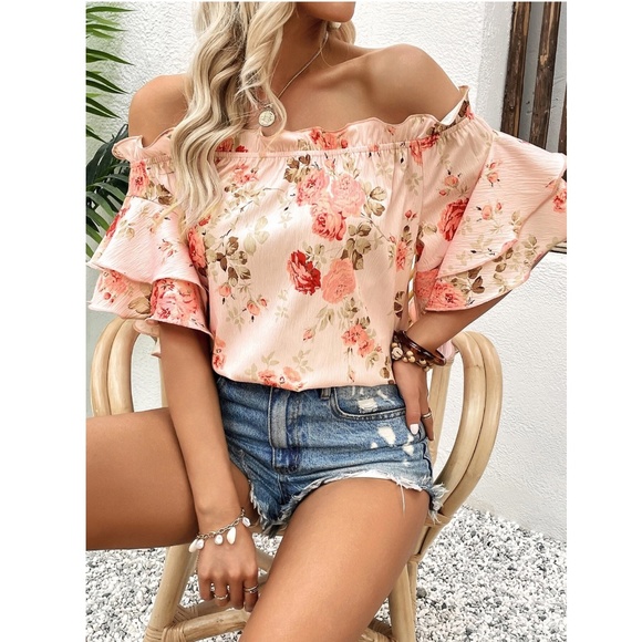 Floral Print Pink Off Shoulder Ruffle Detail Top Blouse Shirt - Picture 2 of 8